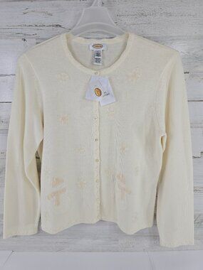 NWD Talbots Cream Knit Snowman Cardigan Sweater Women’s Size L Winter Holiday...